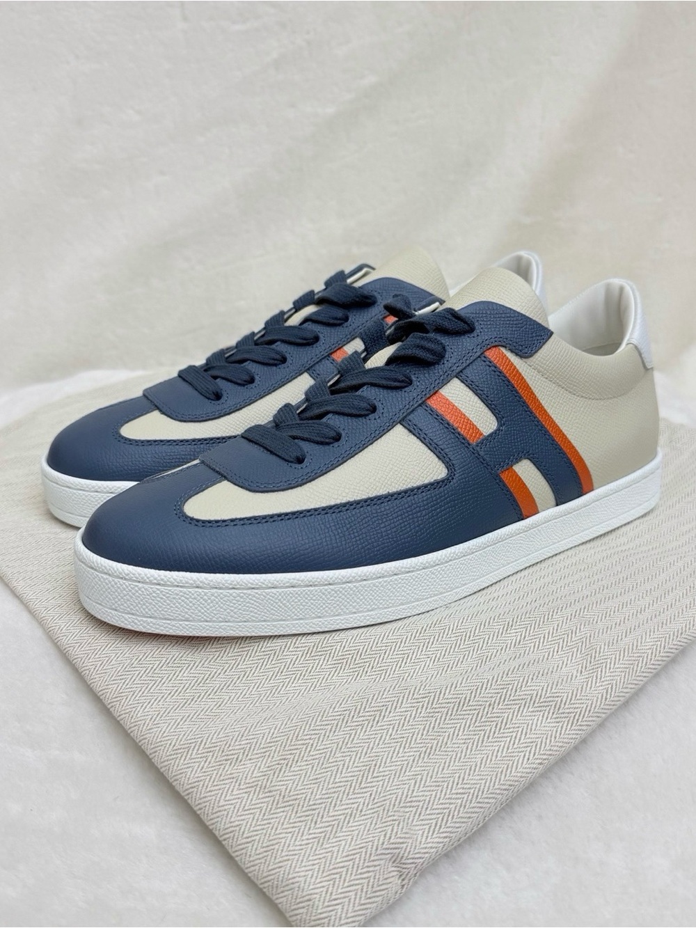 Hermes Men's Navy, Cream & Orange Leather Low-Top Sneakers